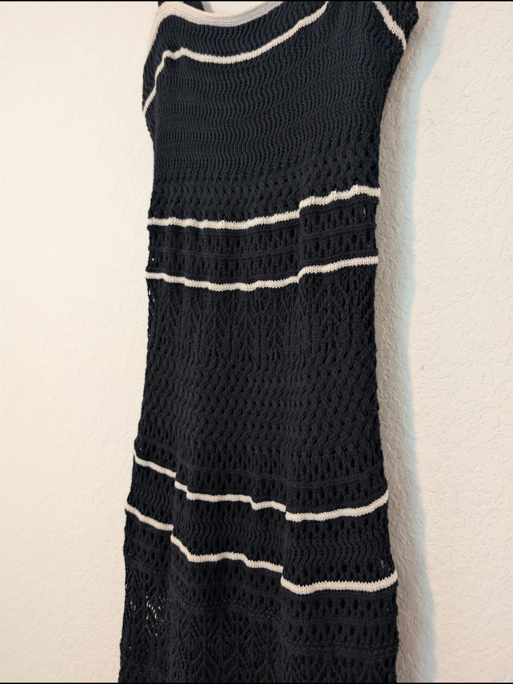 Abercrombie & Fitch Black Stripe Crochet Knit Cotton Square Neck Maxi Tank Dress